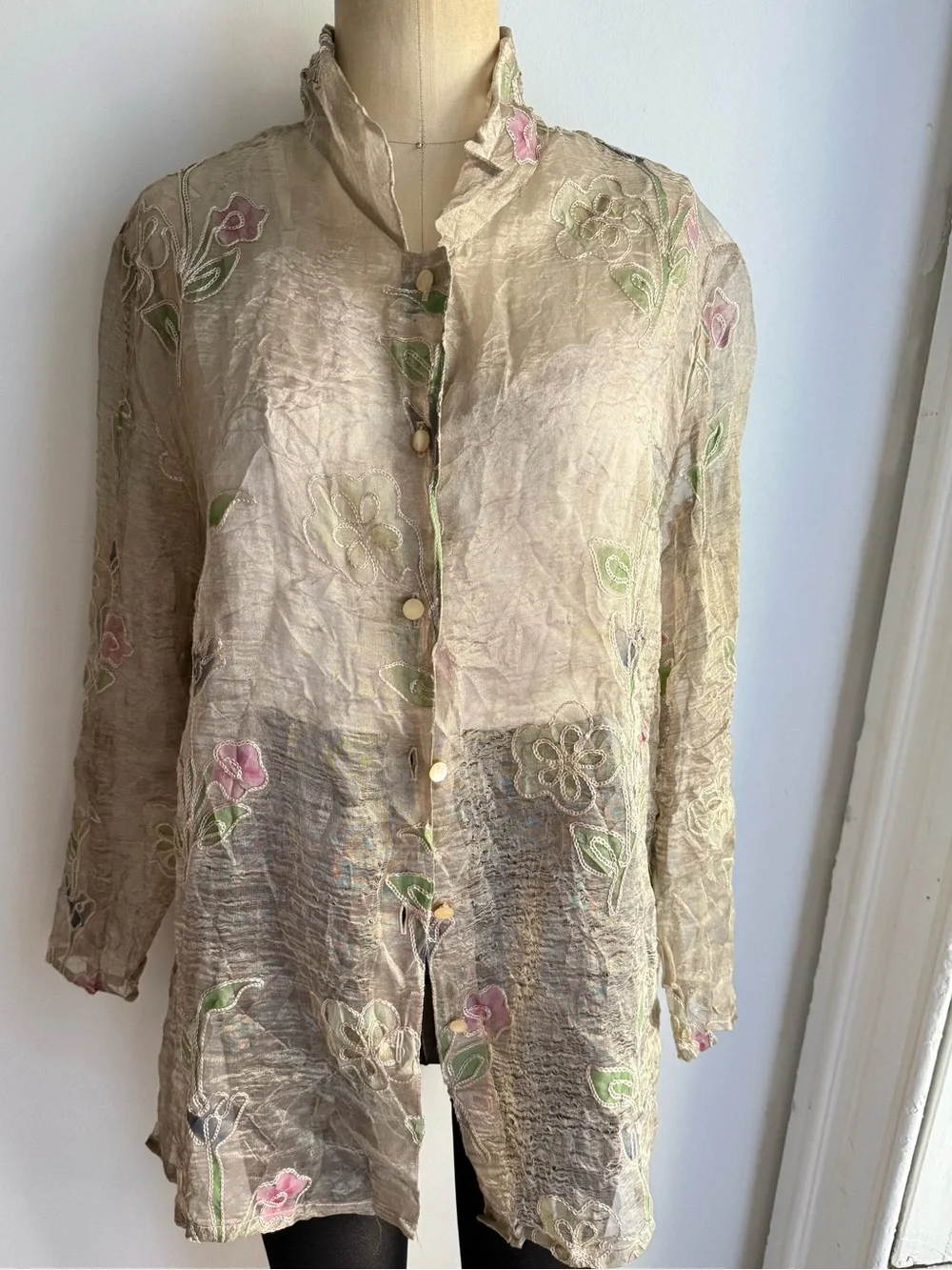 Vintage Burnout Silk Floral Blouse Sheer Embroidered Boho Romantic Top